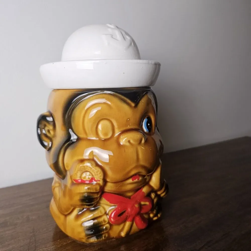 Vintage Japan Sailor Monkey Cookie Jar Ceramic Lollipop Canister 1960s 1970s